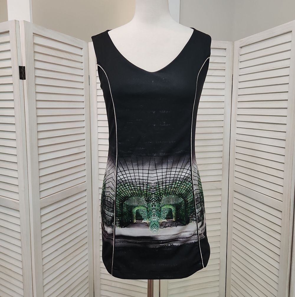 Save The Queen Black Sleeveless Graphic Shift Dress Size M